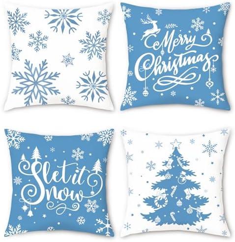 Bonhause Blue Christmas Snowflakes Throw Pillow Covers 18x18 Inch Xmas Tree Let It Snow Winter Holiday Decorative Pillows Soft Velvet Cushion Covers for Outdoor Couch Sofa Decor Set of 4