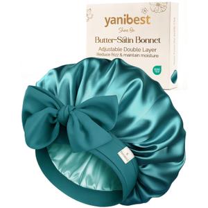 Yanibest Adjustable Satin Bonnet for Sleeping, Double Layer Silk Hair Bonnet with Tie Band for Unisex Women Men Curly Natural (Blue)