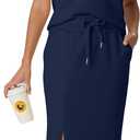GRECERELLE Women Summer Casual 2 Piece Sets V-Neck Wrinkle-Free Top & Elastic Waist Midi Side Slit Skirt with Pockets (Black, S)