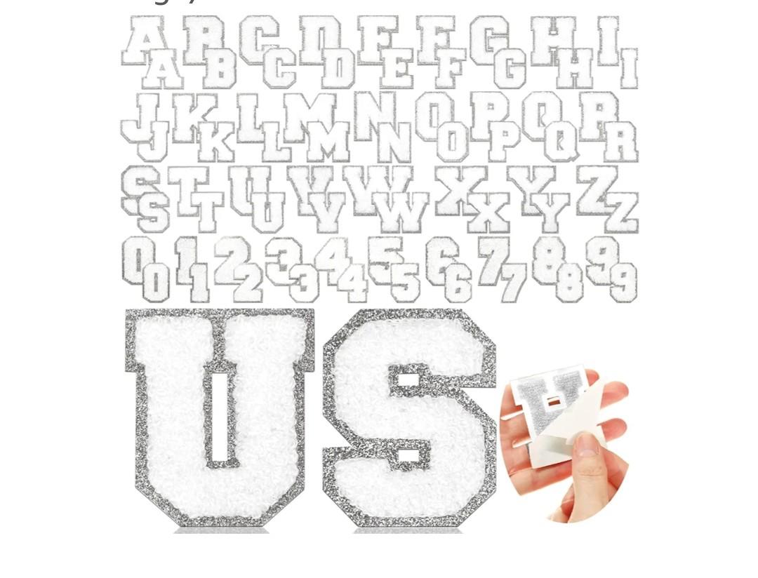 Jutom 72 Pcs Chenille Letter Patches Iron on Letter Number Patches Self Adhesive Chenille Embroidered Decals for Clothing (White with Silver Edge)