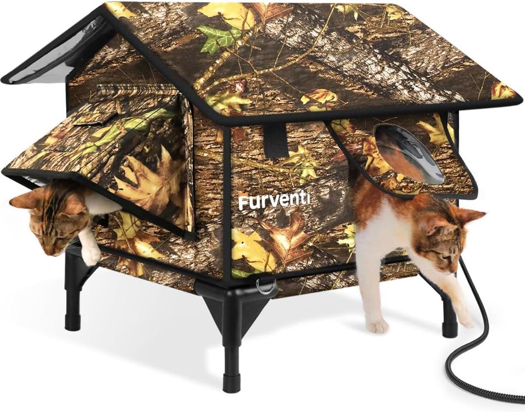 Heated Cat House for Outside,Extremely Weatherproof&Insulated in Winter,Elevated Outdoor Cat Shelter with Waterproof Eaves&Escape Door for Feral Stray Barn Cats(Leaves,S)