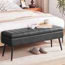 Storage Ottoman Bench, 43.5" Faux Leather Upholstered Entryway Bench, Long Ottoman with Storage for Living Room, Support 660lbs - Black