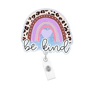 Arakulago Be Kind Badge Reel Retractable Rainbow Leopard Funny Nurse Badge Holder with ID Clip Accessories Nursing Student Medical Assistant RN CNA Name Badge Clip Acrylic ID Card Cq1U