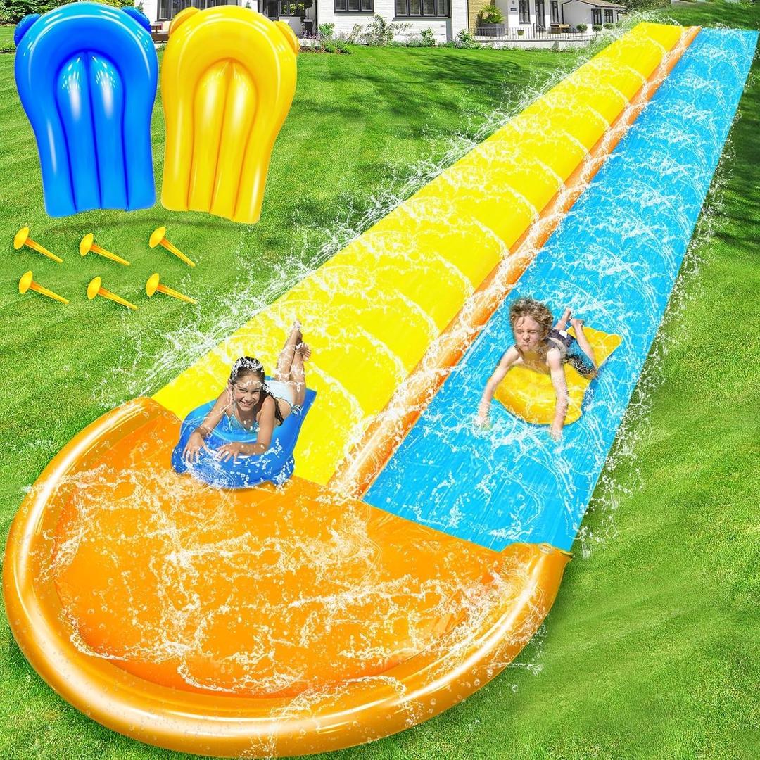 30 Ft Extra Long Slip Water Slide with Sprinkler, Heavy Duty Lawn Water Slide for Kids Adults, Double Lane Water Slide with 2 Bodyboards, Backyard Lawn Summer Outdoor Water Toys for Water Party Play, 30 feet by 58 inches