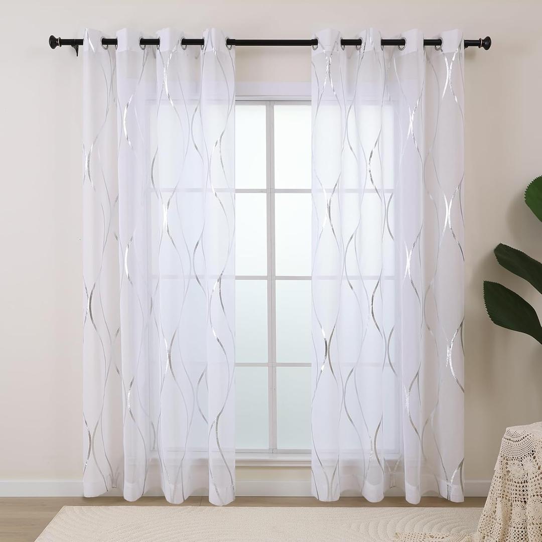 L.Z.E Silver White Sheer Curtains 72 Inch Length for Living Room 2 Panels Set Short Bedroom See Through Sheer Curtains Grommet Top Transparent Sheers with Wave Patterns