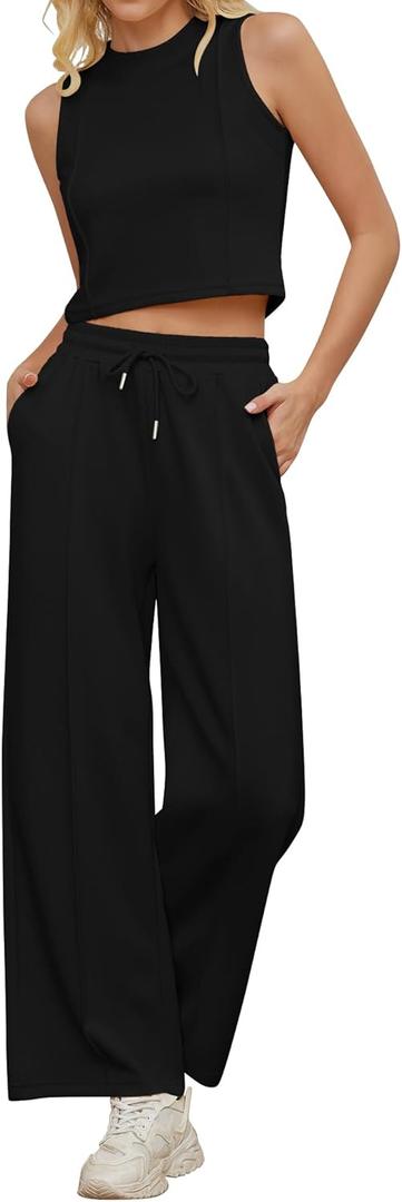 Women 2 Piece Outfits Ribbed Knit Crew Neck Sleeveless Cropped Tank Top Elastic Waist Wide Leg Pants Set (Medium, Black)