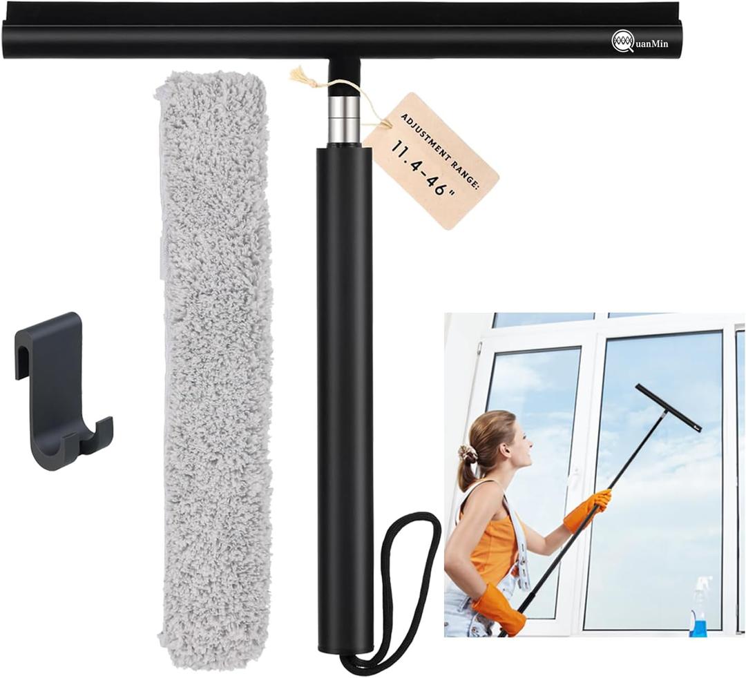 Telescopic Extension Pole Shower Squeegee with Long Handle and Hook Retractable Scrubber Window Cleaning Floor Shower Squiggy Mirror Tile Shower Glass Car Mop,12 inch