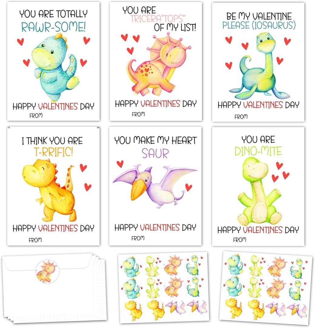 2 x Dinosaur Valentines Day Cards Gifts for Kids School, 24 Pack Dinosaur Valentine Classroom Exchange Cards for Boys Girls