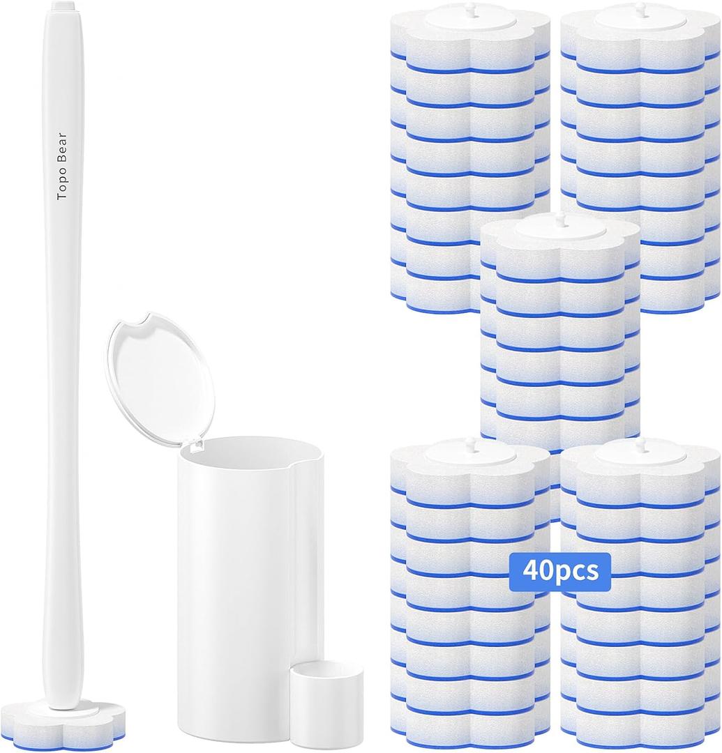 Topo Bear Disposable Toilet Bowl Brush with 40 Toilet Wand Refills, Toilet Bowl Cleaner Wands, Toilet Cleaning System Starter Kit