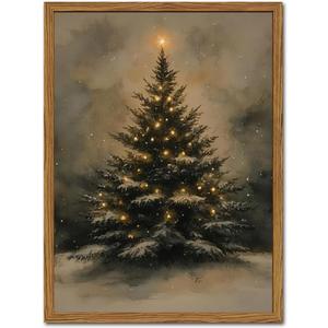 Vintage Christmas Wall Art Natural Christmas Tree Wall Decor Paintings Winter Landscape Pine Tree Poster Canvas Prints for Farmhouse Mantel Bedroom Living Room 12x16 inch Wood Framed