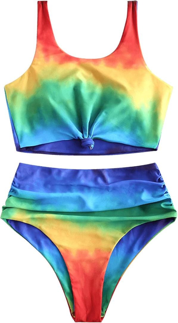 ZAFUL Women's High Waisted Tankini Swimsuit Scoop Neck Ruched Bikini Set Sporty 2 Piece Bathing Suit (Medium, Colourful)