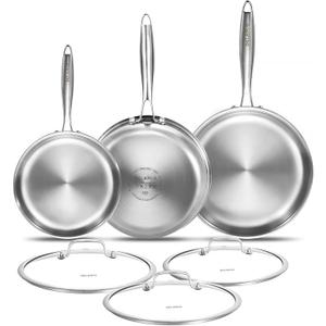 DELARLO Tri-ply Stainless Steel Frying Pan Set 8" 10" 12" With 3 Lid Induction large Skillets Chef's Pan,Pots and Pans Set Kitchen Cookware Set Suitable for All Stove