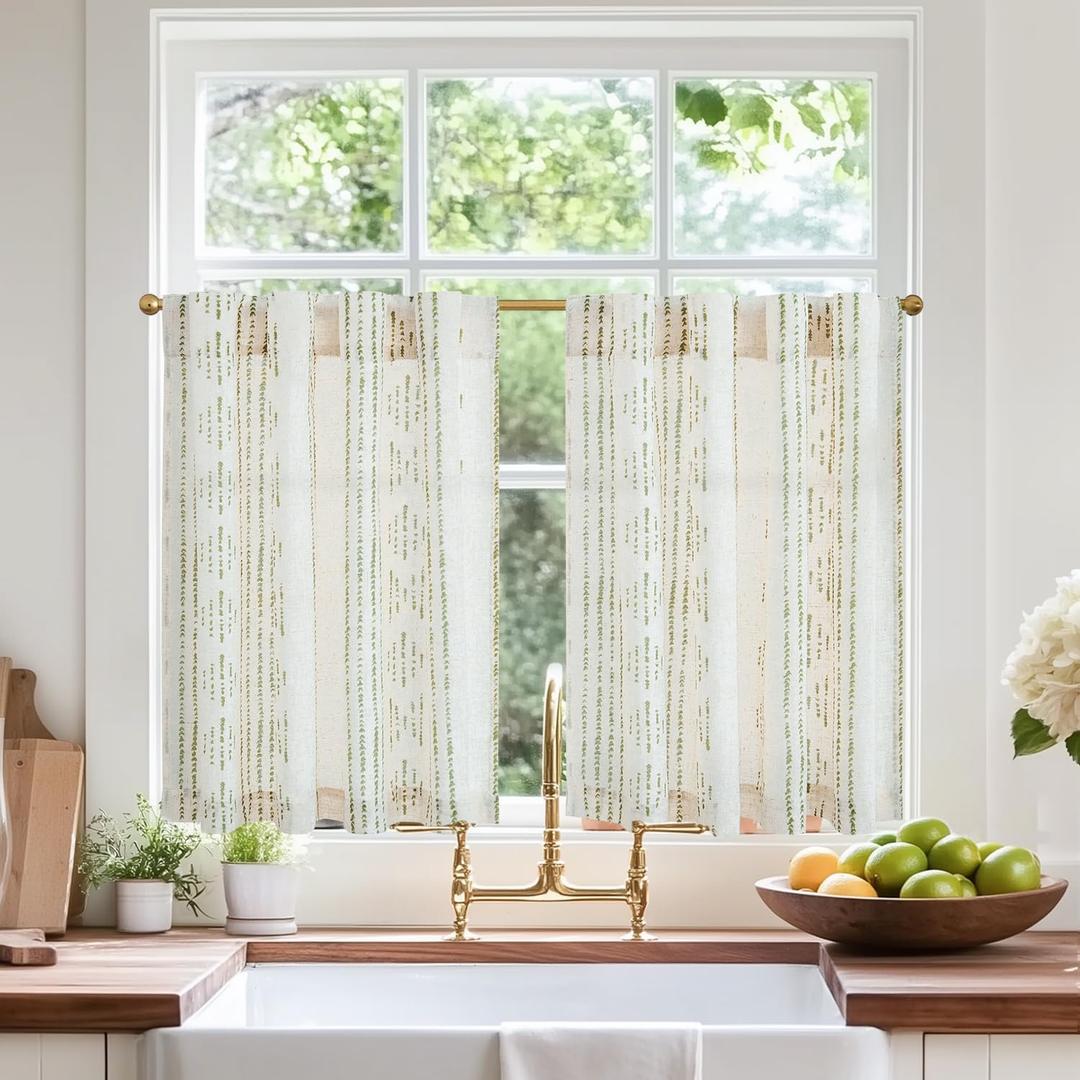 jinchan Boho Kitchen Curtains Linen Cafe Tier Curtains 45 Inch Bohemian Geometric Striped Mudcloth Small Window Drapes for Living Room Bathroom Light Filtering Back Tab 2 Panels Sage Green on Flax