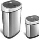 Ninestars 2-Piece Automatic Trash Can Combo Set, 13.2 Gal (50L) & 3 Gal (12L) Touchless Motion Sensor Garbage Cans, Matching Oval Stainless Steel, Black Lid