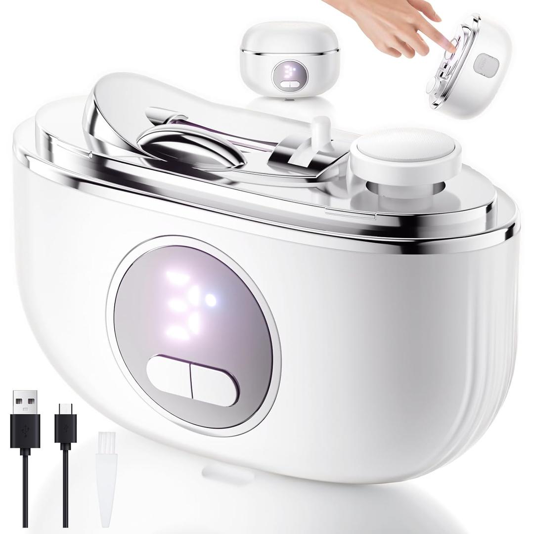 Electric Nail Clipper, 2 in1 Smart Toenail Clippers with Polishing for Fingers and Toes, Rechargeable Fingernail Trimmer with 3 Adjustable Speeds for Senior Adults Men Caregivers (Snow White)