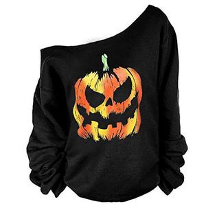 MAGICMK Woman’s Sweatershirt Lips Print Causal Blouse Off The Shoulder Long Sleeve Loose Slouchy Pullover Plus Size Tops (Black+Pumpkin, Large)