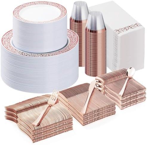 Bestluck 700PCS Rose Gold Plastic Dinnerware Set for 100 Guests, Disposable Plates for Party, Wedding, Include 100 Rose Dinner Plates, 100 Dessert Plates, 100 Set Silverware, 100 Cups, 100 Napkins