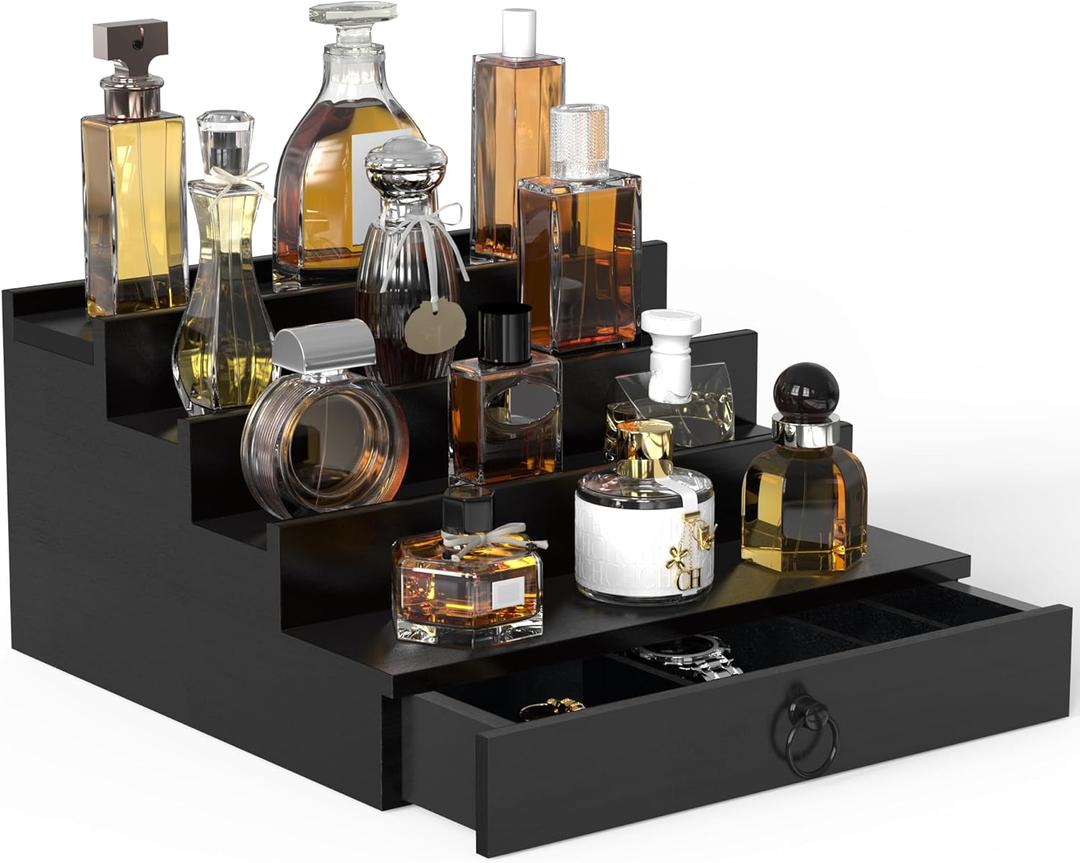 Cologne Organizer for Men, 4 Tier Black Wood Perfume Organizer with Felt Lining Drawer and Hidden Compartment, Perfume Display Holder, A Gift for Men (Black)