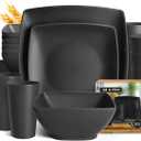 Teivio 24-piece Plastic Wheat Straw Square Dinnerware Set for 6, Unbreakable Dinner Plates, Salad Plates, Snack Bowls, Tumblers 13.5 oz, Dishwasher Safe, Outdoor Kitchen RV Dishes, Black