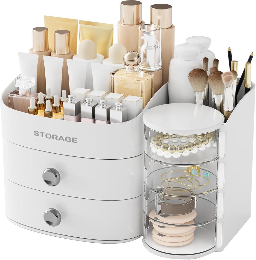 Makeup Organizer Countertop with Drawers, Make up Organizers for Vanity, Skincare Jewelry Earring Organizers, Cosmetic Display Cases Makeup Storage for Bedroom & Bathroom, Ideal Gifts for Women(White)