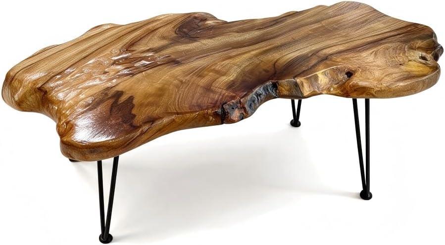 Natural Wood Coffee Table, Natural Wood Edge Contemporary Cocktail Table, Wood Tea Tables for Living Room with Metal Hairpin Legs,Wooden Flower Pot Holder Clear Lacquer Finish, 30L*15W*15H