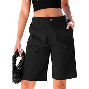 luvamia Bermuda Shorts for Women Knee Length High Waisted Cotton Elastic Wasit Summer Dressy Casual Long Chino Shorts, Large, Black