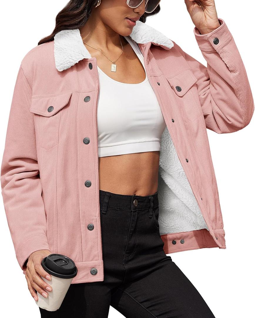 MAGCOMSEN Women's Corduroy Jacket Sherpa Fleece Lined Warm Winter Coat Button Down Casual Jacket with Pockets (Medium, Light Pink)
