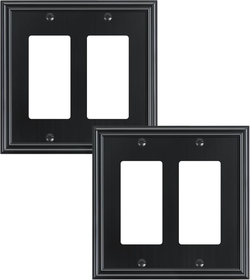TREEWELL 2-Pack Decorative Double Decorator Outlet Cover Plate, Durable Zinc Alloy Black Wall Plates for Electrical Outlets, Receptacle, GFCI Outlet, Dimmer Switch, 2-Gang, Corrosion Resistant