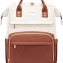 LOVEVOOK Leather Backpack for Women,17 inch Leather Laptop Backpack Women,Professional Work Backpack Nurse College Teacher Bag,Womens Laptop Tote Bag Computer Travel Backpack Purse,Beige White-Brown