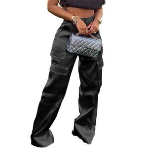 NRTHYE Women High Waisted Satin Cargo Pants Wide Leg Casual Pants Multi Pockets Straight Trousers, Size XL Black