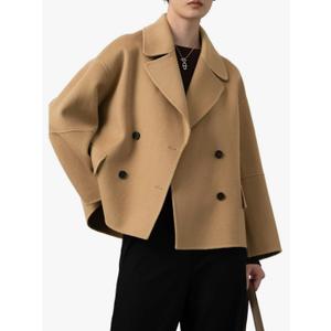 utcoco Women Cropped Wool Pea Coats Notched Lapel Double Breasted Crop Woolen Trench Coat Short Jackets with Pockets, M