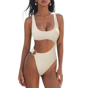 SUUKSESS Women Sexy One Piece Tummy Control Swimsuit Cutout Backless Slimming Swimwear 2025 Cheeky Side O-Ring Bathing Suit (Beige White,Large)