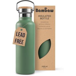 Bambaw 32oz Insulated Water Bottle, Green Stainless Steel Water Bottle, Large Water Bottle Stainless Steel, Hiking Water Bottle, Metal Water Bottle, 32 oz Water Bottle  Sage Green