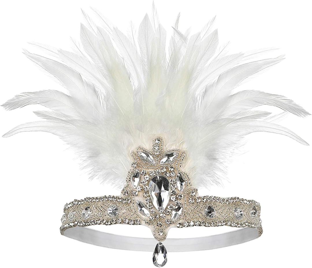 Roaring Art Deco 1920s Flapper Feather Headpiece Roaring 20s Great Gatsby Headband for Women 1920s Headwear (5877white)