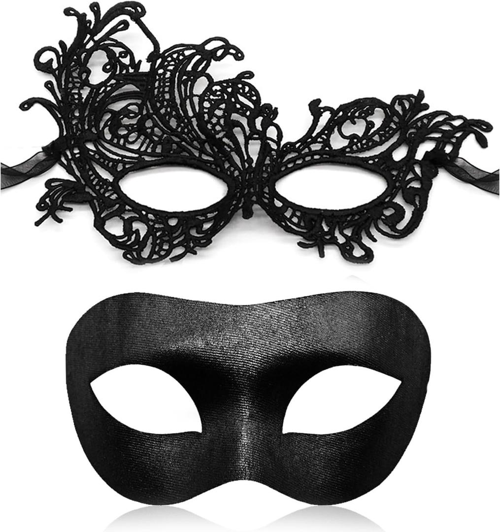 Couple Masquerade Mask for Women Men Shiny Venetian Mask Halloween Mask for Party Prom Ball Costume Lace Masks (Classic Black)