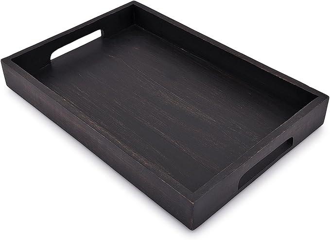 EDHAS Acacia Wood Rectangle Black Serving Tray for Breakfast Dinner Drinks Kitchen Dining Living Bathroom with Handle (15" x 10" x 1.6")