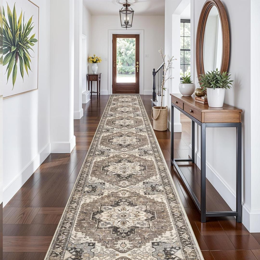 Washable 3x25 Long Hallway Runner - Non-Slip Stain Resistant Kitchen Rug Distressed Mats Low Plie Soft Ultra Thin Room Floor Carpet for Living Room Dining Room(Beige,3x25)