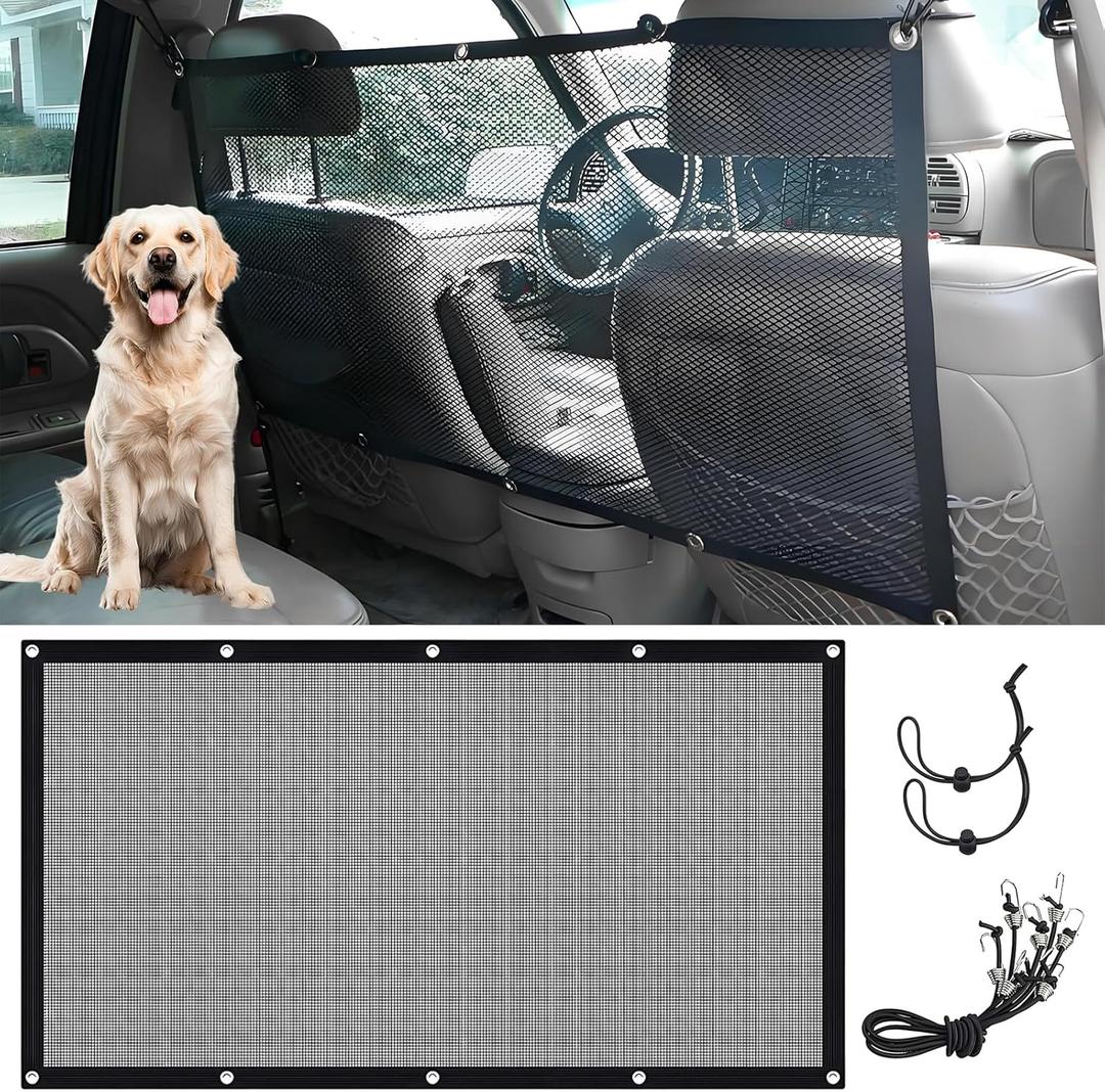 Car Dog Barrier Net Universal Dog Barrier for Car with Adjustable Ropes and Hooks One-Piece Design Mesh for Most Cars, SUVs, Pickups, Trucks and Vans(45x24 Inches)