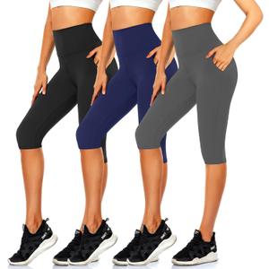 CTHH 3 Pack Capri Pants with Pockets - High Waisted Knee Length Yoga Leggings, Workout Biker Shorts for Women Running Summer (Small-Medium, Black/Gray/Navy)