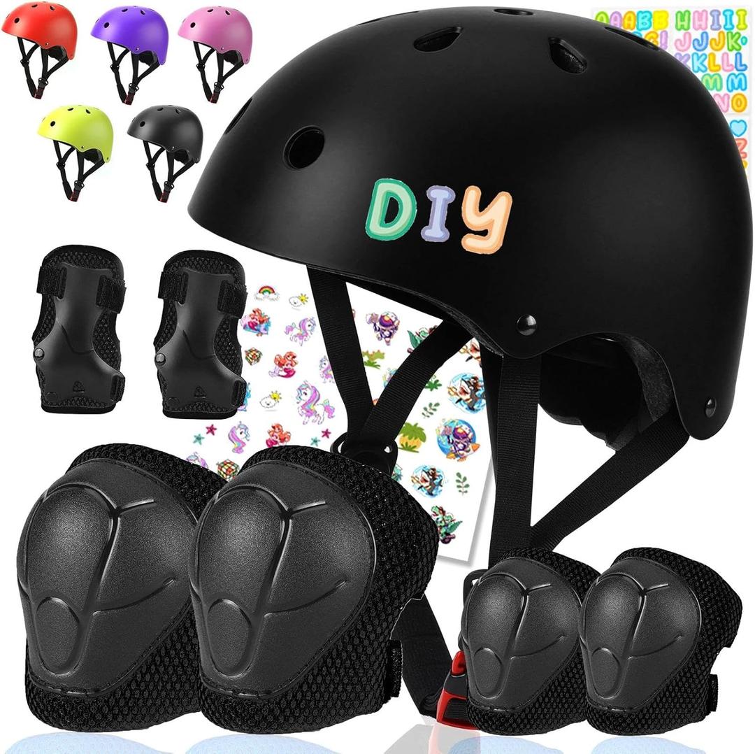 Color Gradient Kids Bike Helmet and Pads Adjustable Helmet for Kids Protective Gear Set with Elbow Knee Pads Wrist Guards for Cycling Bicycle (Small: 20.1"-21.2"/51-54cm, Black-2)