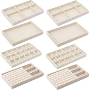 Inbagi 8 Pcs Small Velvet Jewelry Trays Stackable Drawers Organizer Inserts Divided Display Trays for Earring Ring Necklace, Beige