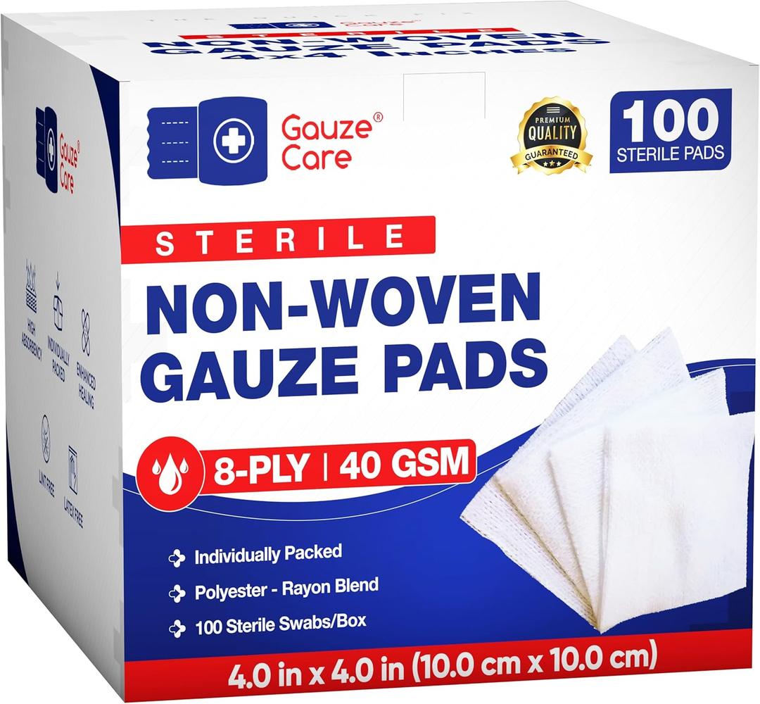 Gauze Care NonWoven Sterile Gauze Pads 4x4, Pack of 100, 8Ply, Soft, LintFree, Individually Wrapped, Sterile, Absorbent, Breathable, Perfect for Wound Care