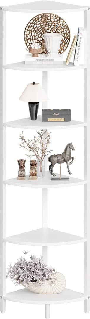 6 Tier Corner Shelf 63.1" Tall Corner Shelves Stand Ladder Shelf Metal Standing Bookshelf Organizer Display Rack Bookcase Plant Stand Industrial Rustic for Living Room Bedroom White CS-001W1