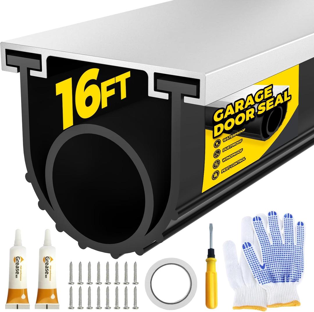 Holikme Garage Door Seal - Pre-drilled Aluminum Track Retainer Kit, Easy to Install, Durable U+O Ring Combination Garage Door Weather Stripping Kit, Black16FT