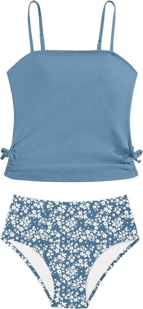 Girls Tankini Swimsuits Two Piece Bathing Suit Drawstring Swimwear Set for Girls 13-14 Years (Blue)