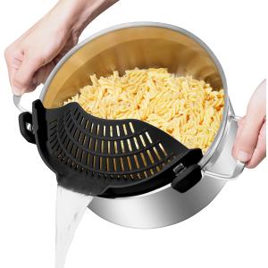 Large AUOON Clip on Strainer for All Pots and Pans - Oversized Silicone Pot Strainer Family-Style Design Pasta Strainer Kitchen Colander for Spaghetti and Noodles | Dishwasher Safe (Large 10.45 x 4.33 in, Black)