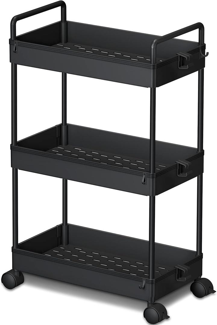 Ronlap 3 Tier Slim Rolling Storage Cart with Wheels Plastic Utility Cart Organizer for Snack Craft Art Postpartum Baby Diaper Nail Makeup in Bathroom Laundry Room Kitchen Bedside Narrow Space, Black
