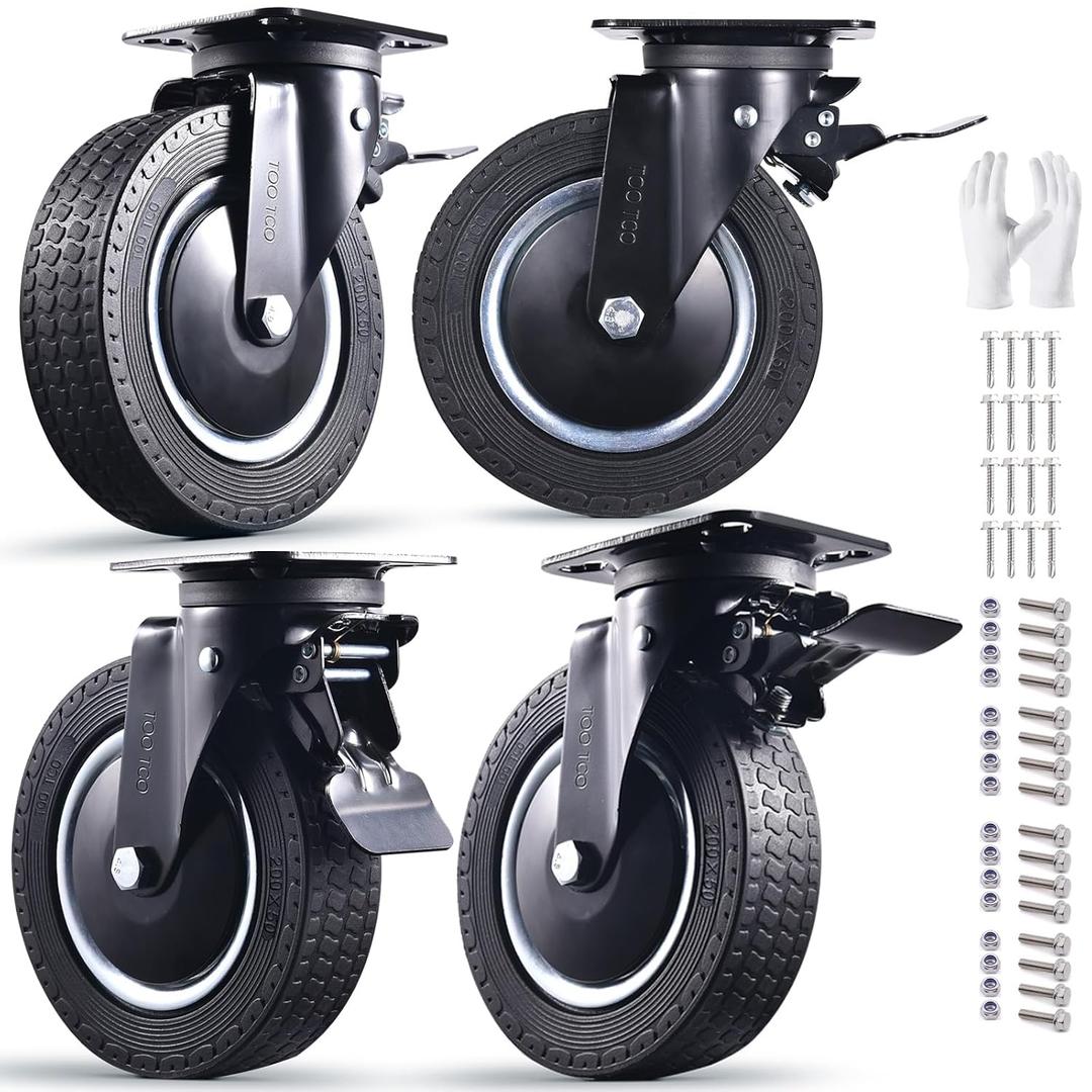 8" Industrial Caster Wheels Set of 4 Durable Heavy Duty All 4 Swivel Locking Casters with 3200 Lbs Load Capacity - Outdoor Rubber Wheels for Cart, Furniture, Workbench - Includes Bolts & Screws