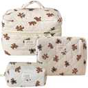 Beige MakeUp Bag Set 3PCS Quilted Make Up Pouch Cute Cotton Cosmetic Bag for Travel Striped Bear Large Toiletry Bag For Women(C)