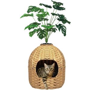 Hidden Cat Litter Box Plant Furniture Enclosure House w/Faux Plant, Decorative Handwoven Rattan Round Planter Cat Bed for Indoor Cats w/Odor Control Filter, in Living Room Bedroom Corner Natural